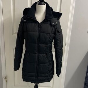 Parka Black Quilted Puffer Jacket With Detachable Hood Wind Water Resistant Sz S